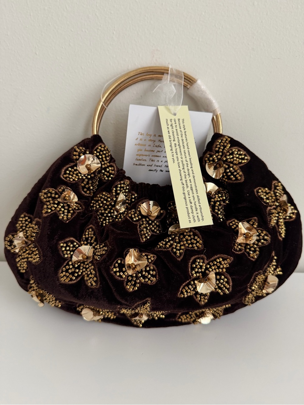 Embellished Dark Brown Velvet Ring-Handle Evening Bag